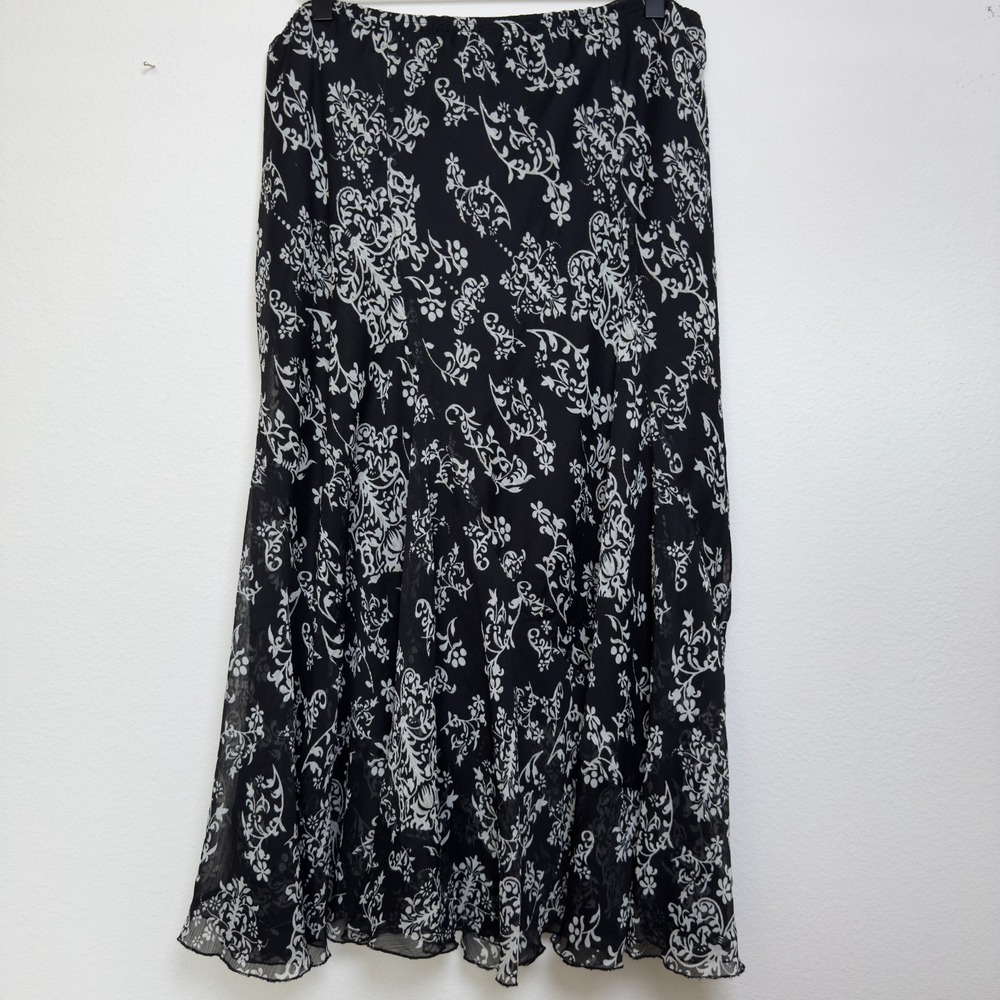 VTG 90s Women Fairy Grunge Maxi Skirt Black Floral Chiffon Pull On Whimsigoth